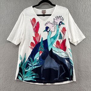Chico’s 2 (Large) Tropical Bird Embellished Graphic Tee White Cotton